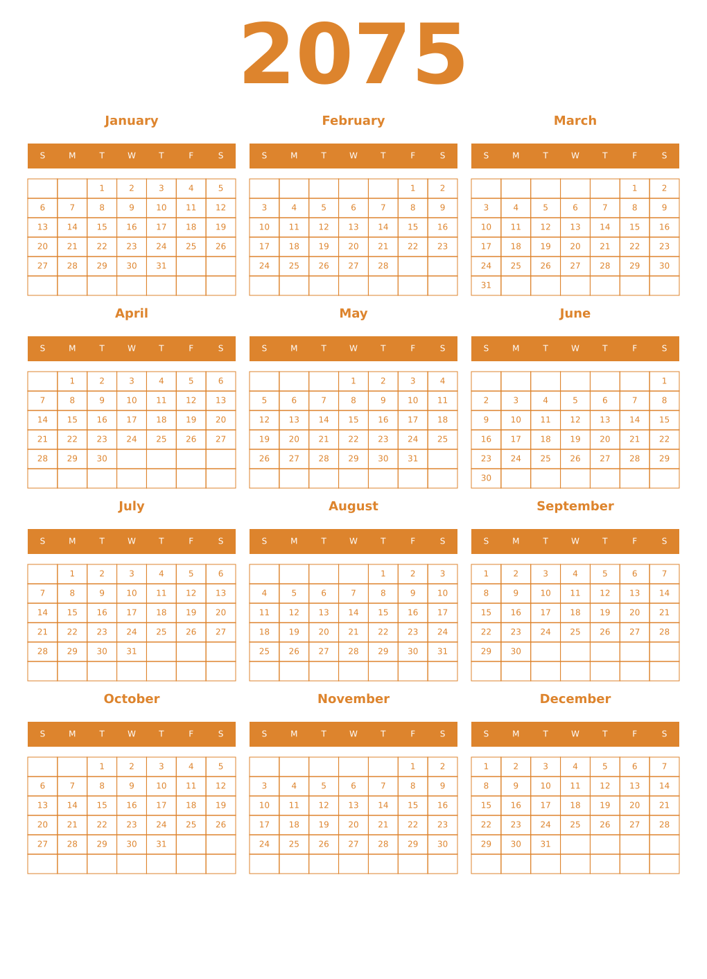 Printable 2075 Year Calendars orange