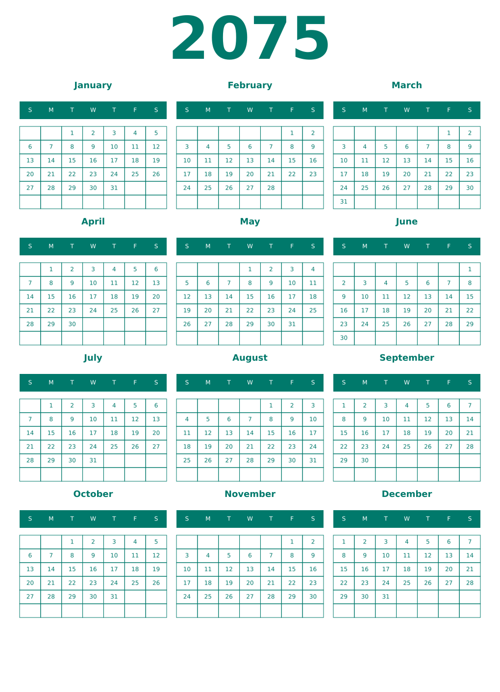 Printable 2075 Year Calendars pastel