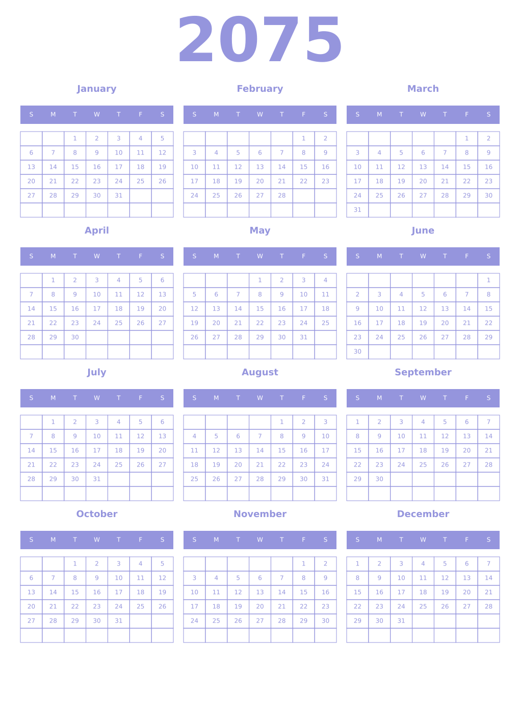 Printable 2075 Year Calendars periwinkle