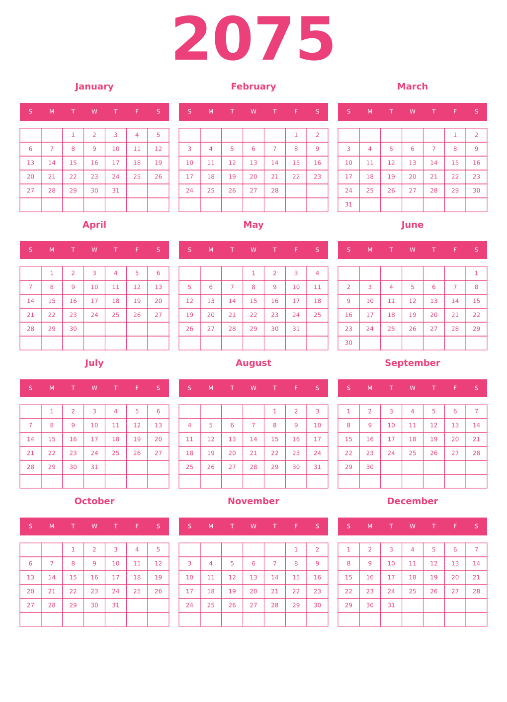 Printable 2075 Year Calendars pink