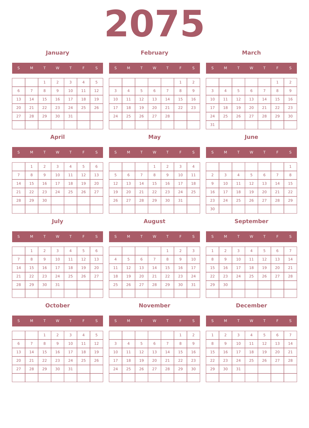 Printable 2075 Year Calendars puce