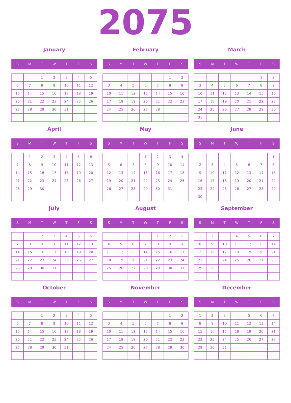 Printable 2075 Year Calendars purple