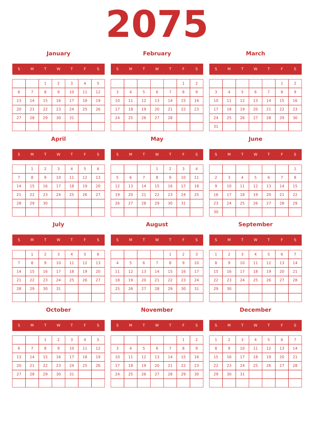 Printable 2075 Year Calendars red
