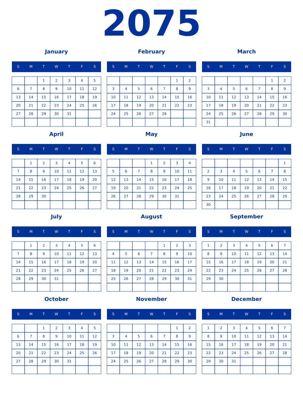 Printable 2075 Year Calendars smalt