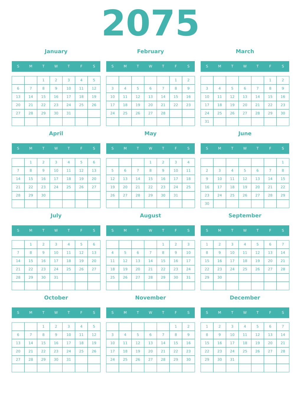 Printable 2075 Year Calendars verdigris