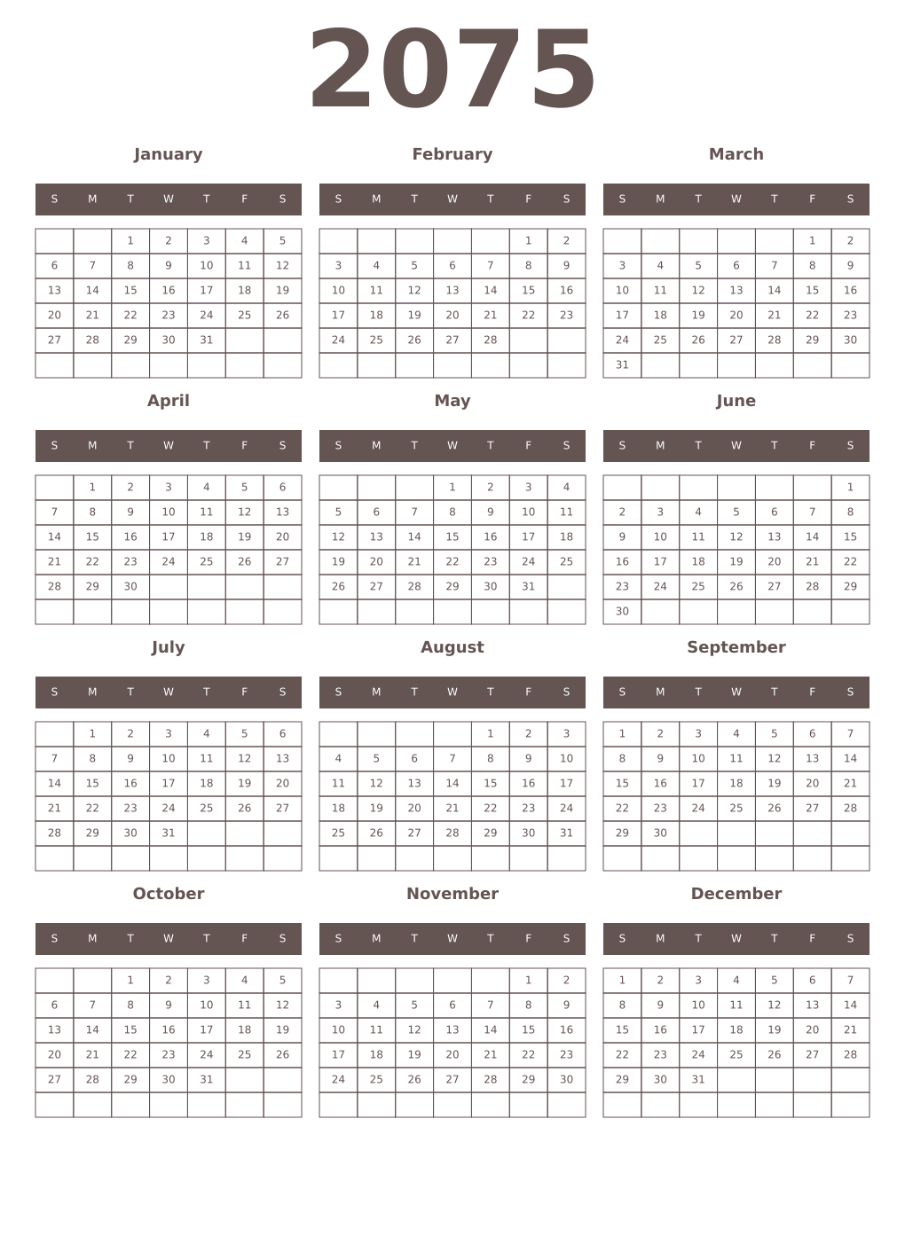 Printable 2075 Year Calendars wenge