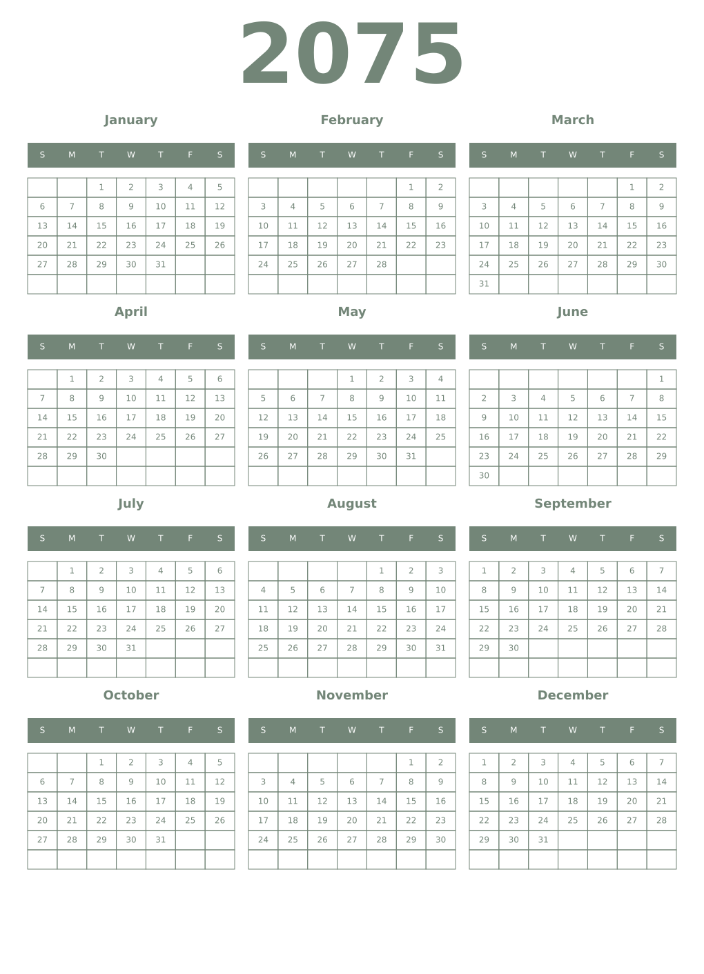 Printable 2075 Year Calendars xanadu