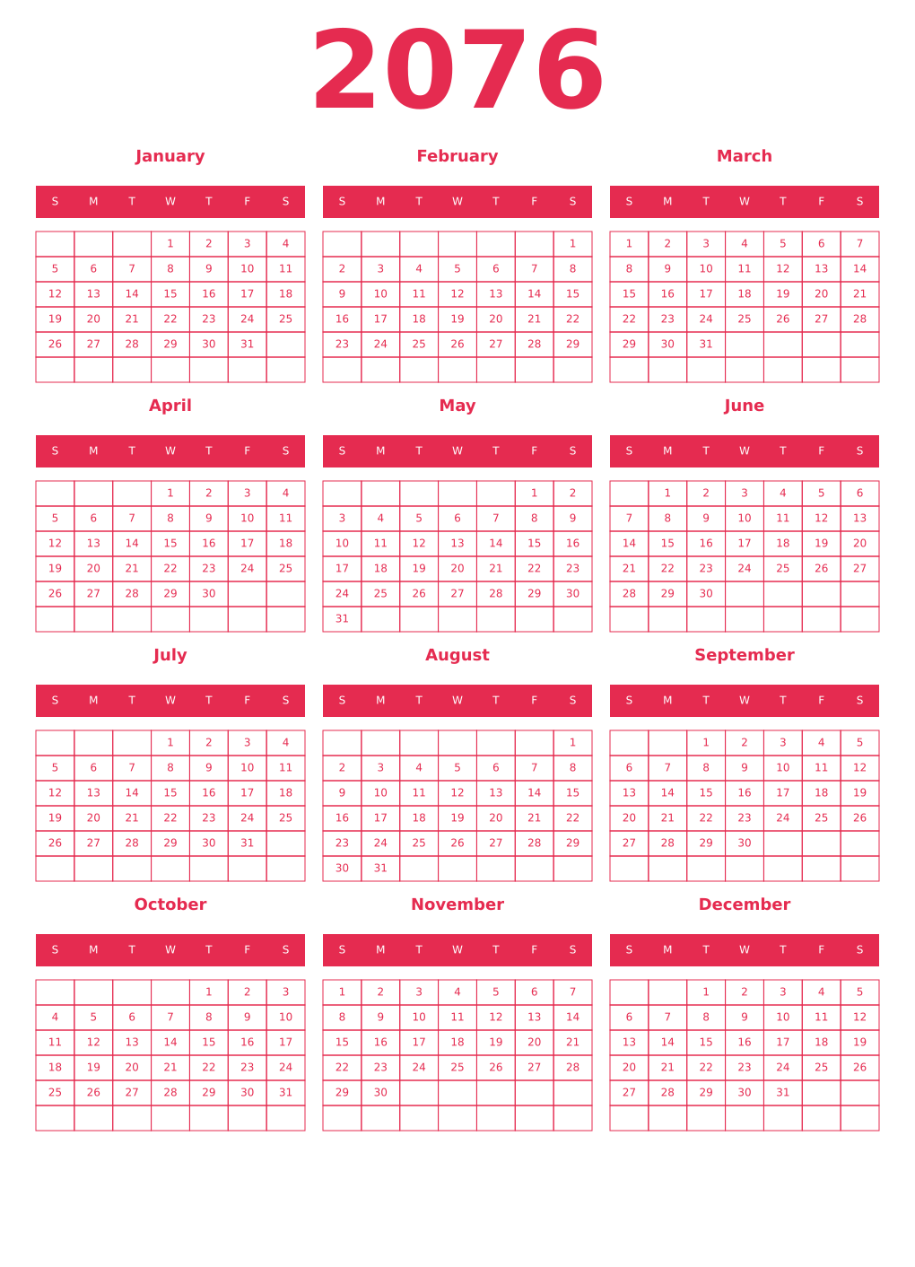 Printable 2076 Year Calendars amaranth