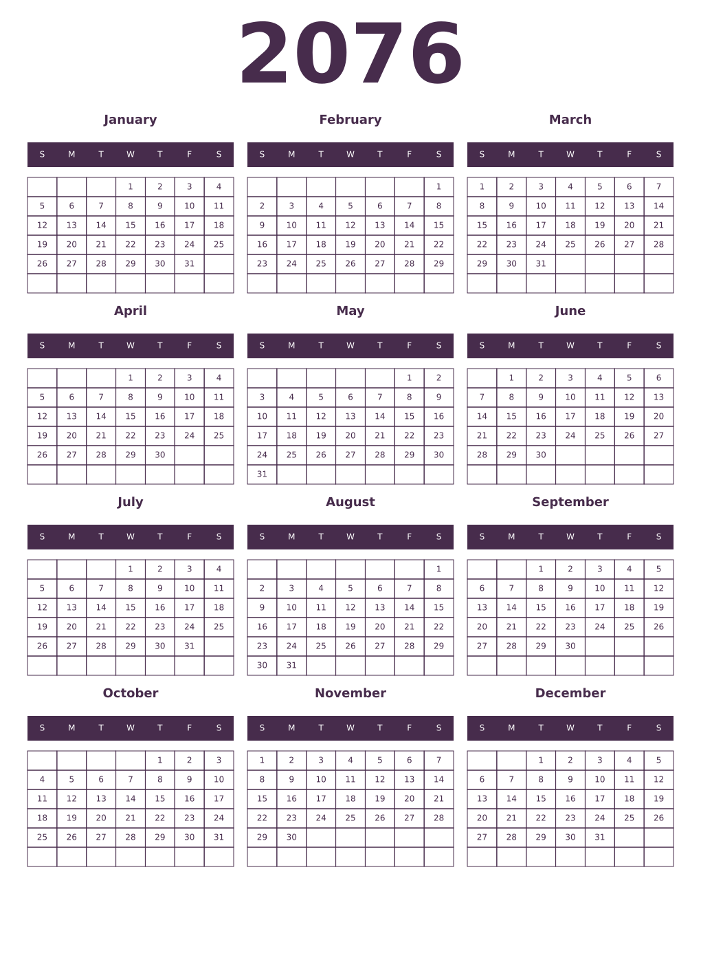 Printable 2076 Year Calendars aubergine
