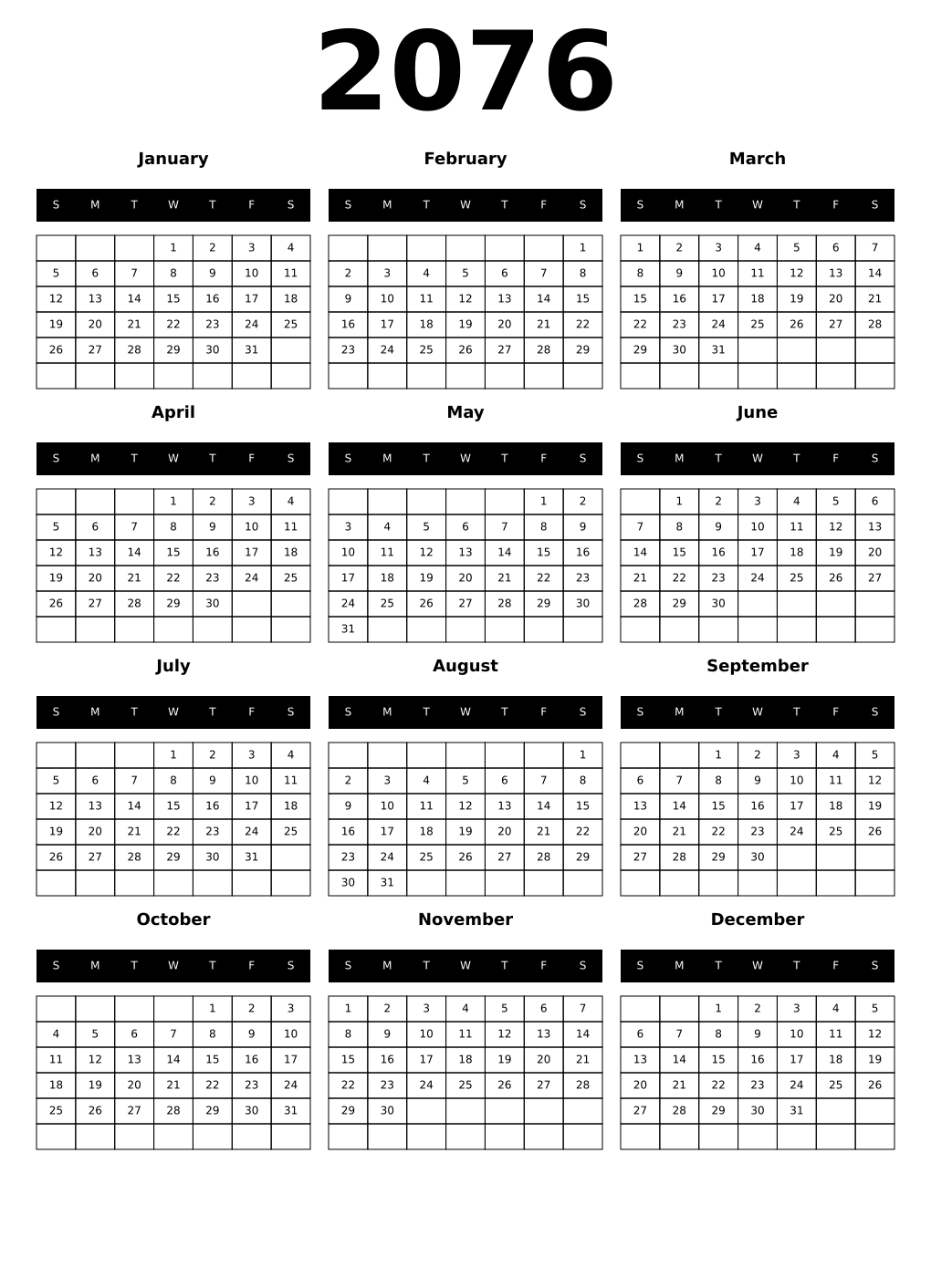 Printable 2076 Year Calendars black