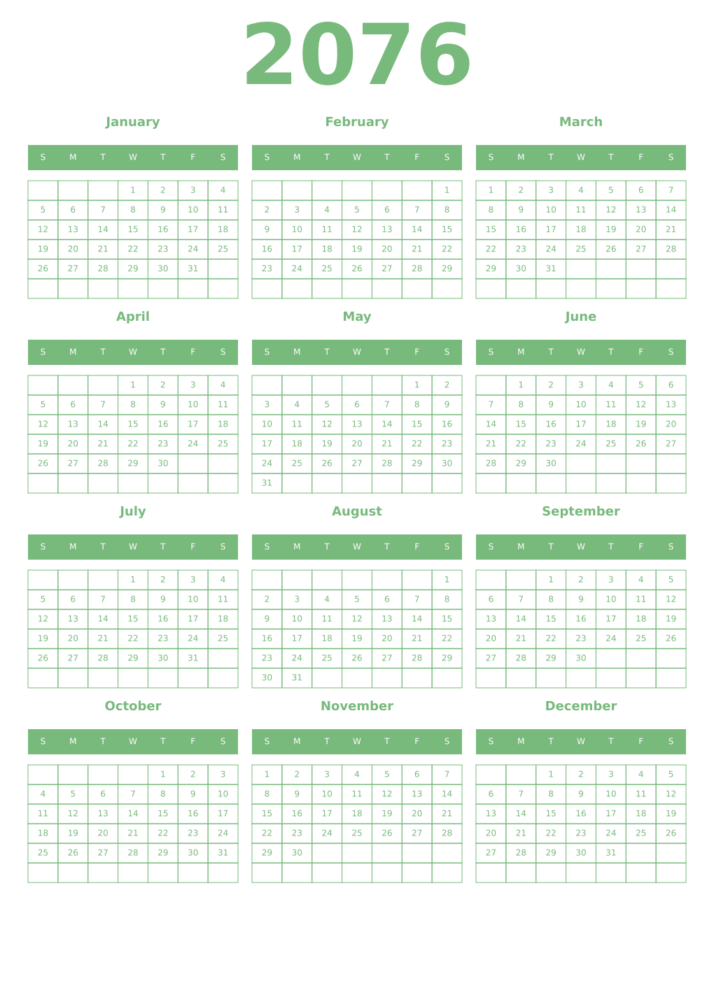 Printable 2076 Year Calendars celadon