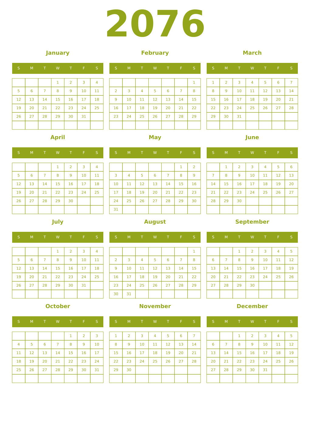 Printable 2076 Year Calendars chartreuse