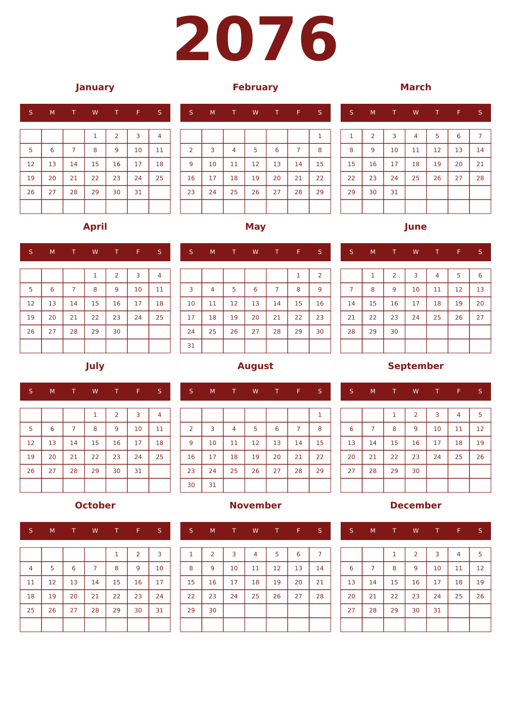Printable 2076 Year Calendars falu