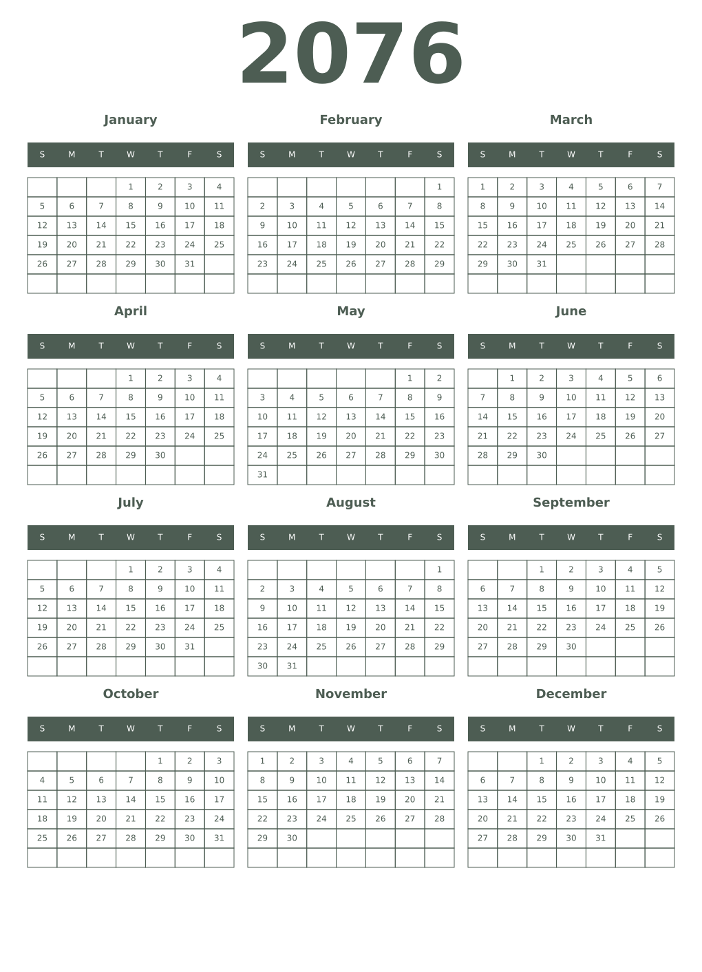 Printable 2076 Year Calendars feldgrau