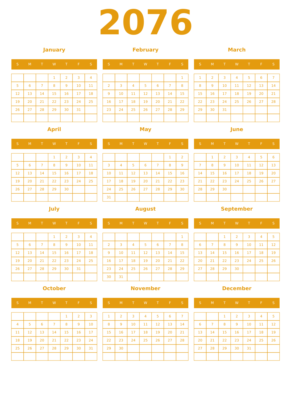 Printable 2076 Year Calendars gamboge