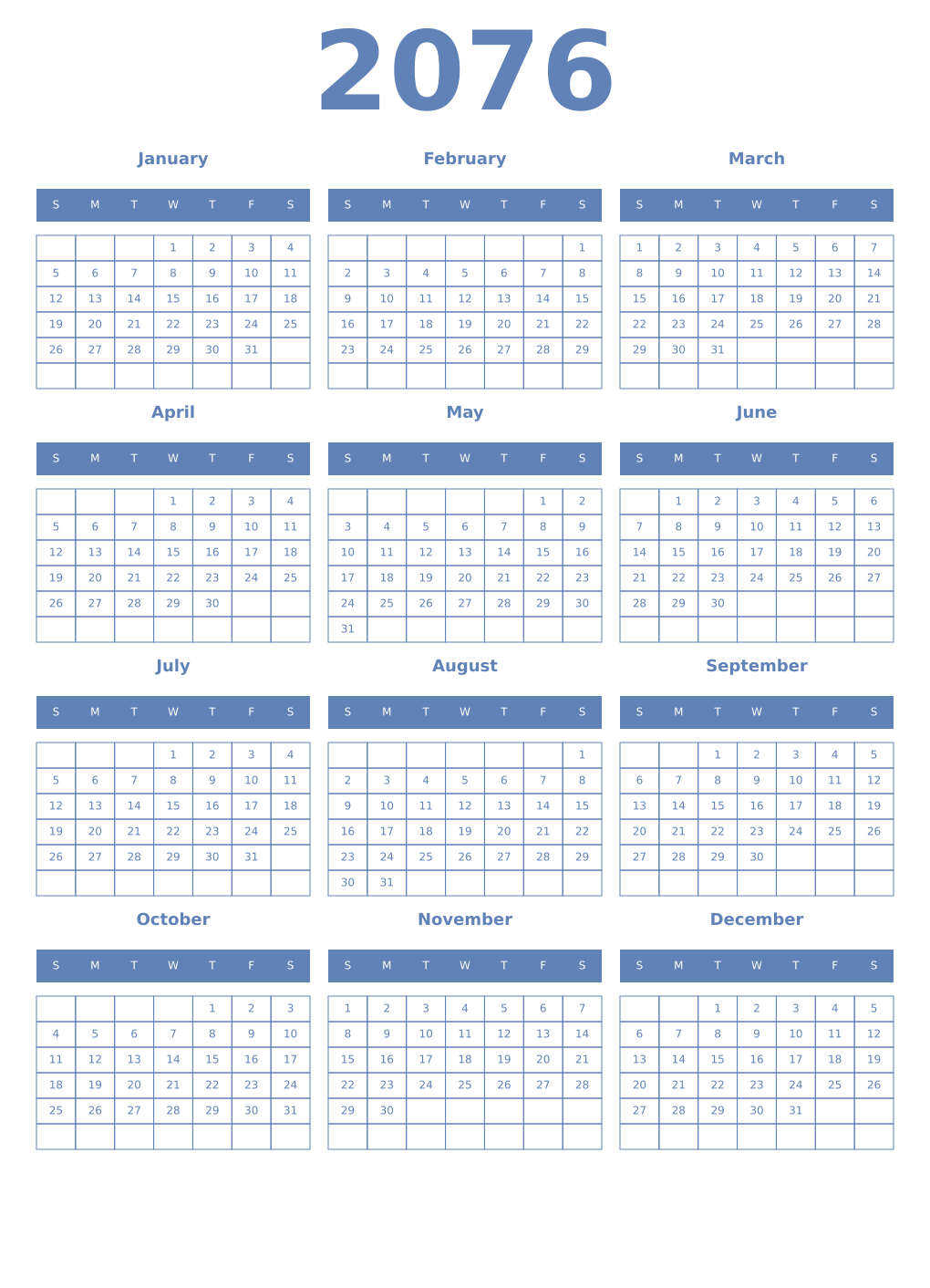 Printable 2076 Year Calendars glaucous