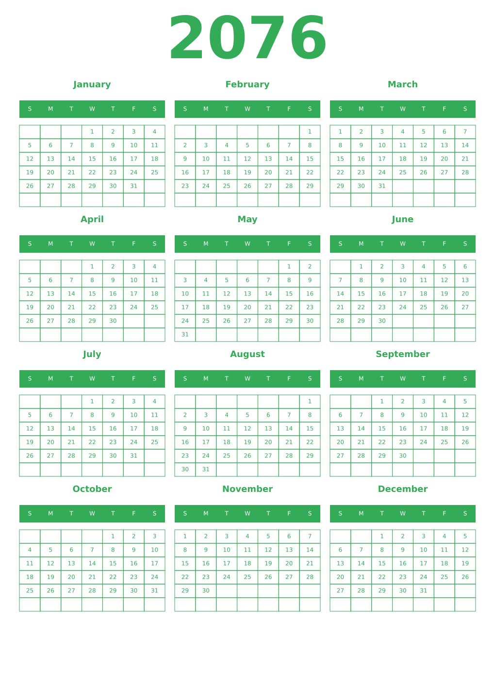 Printable 2076 Year Calendars green