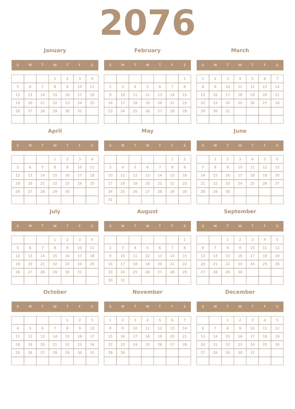 Printable 2076 Year Calendars isabelline