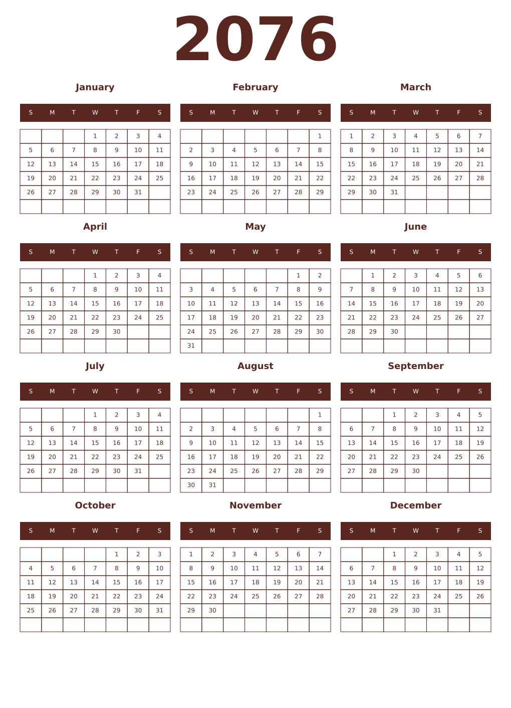 Printable 2076 Year Calendars mortuum