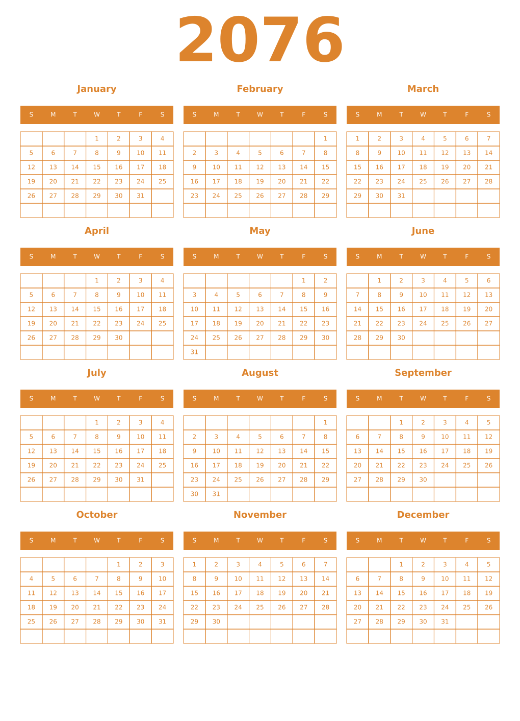 Printable 2076 Year Calendars orange