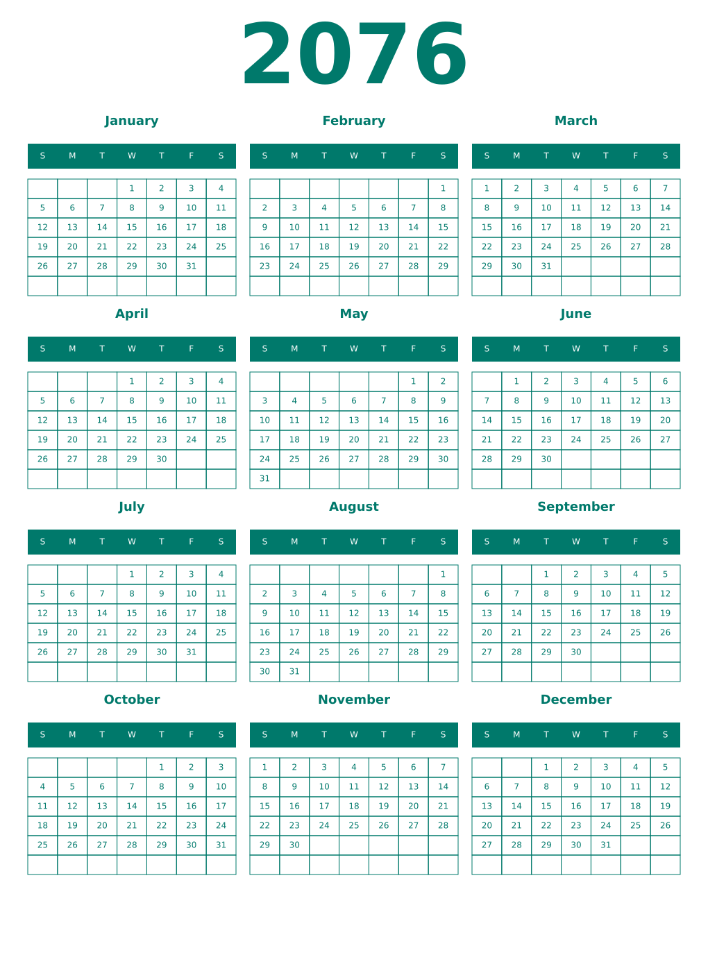 Printable 2076 Year Calendars pastel
