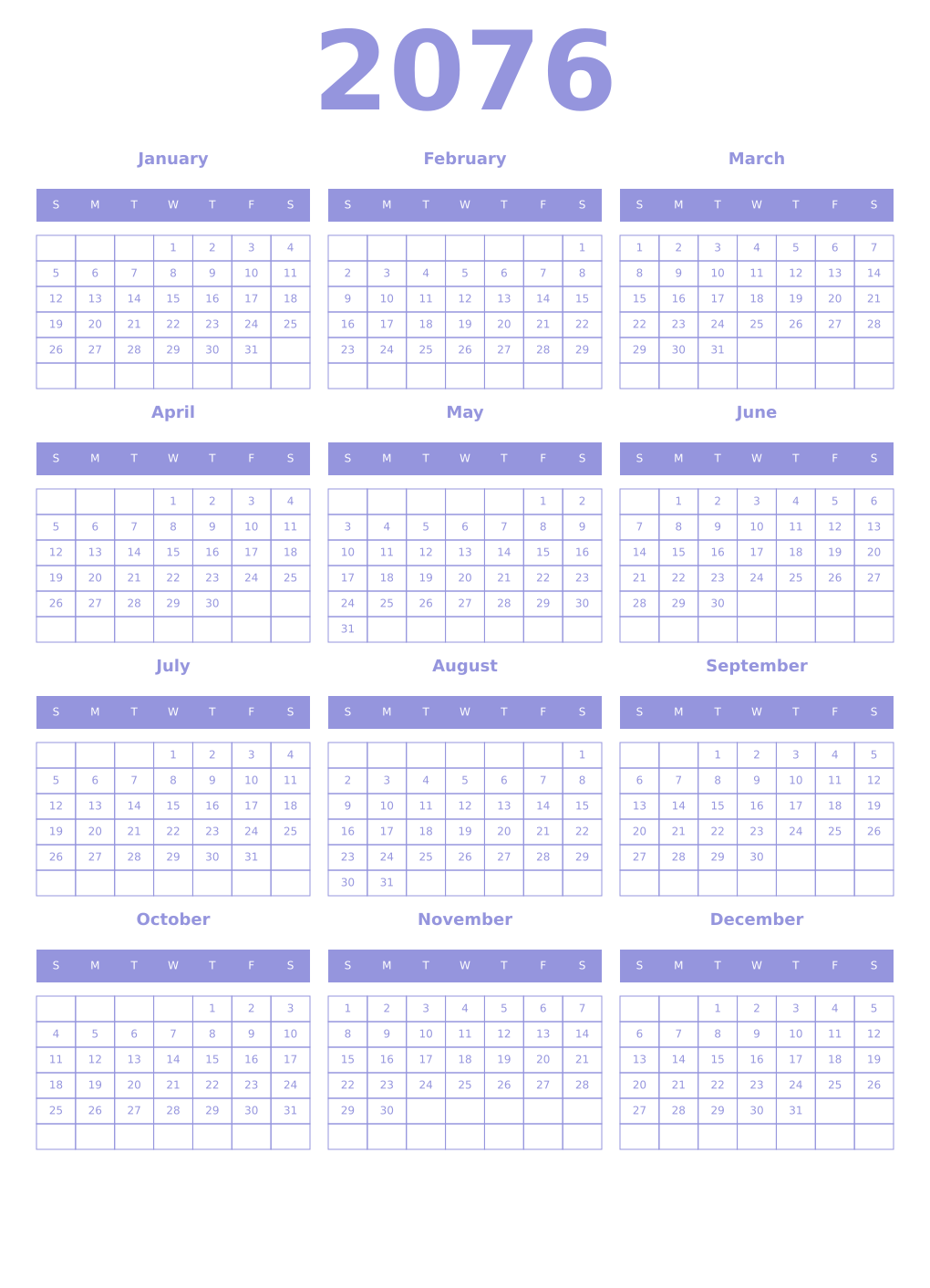 Printable 2076 Year Calendars periwinkle