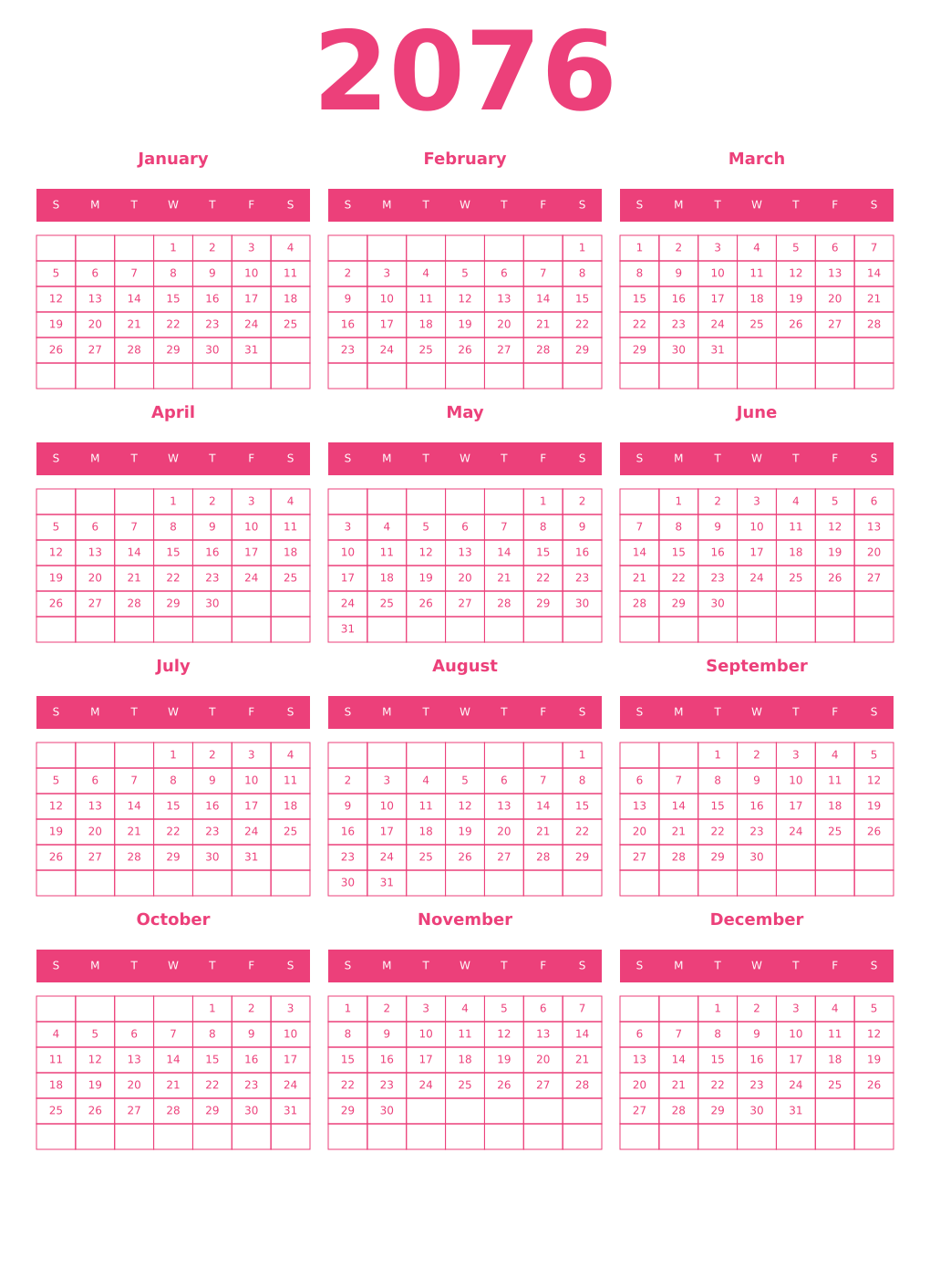 Printable 2076 Year Calendars pink