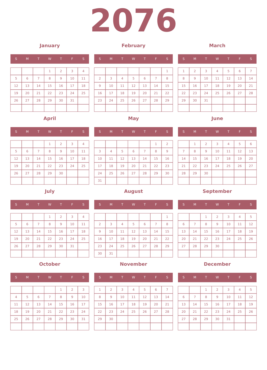 Printable 2076 Year Calendars puce