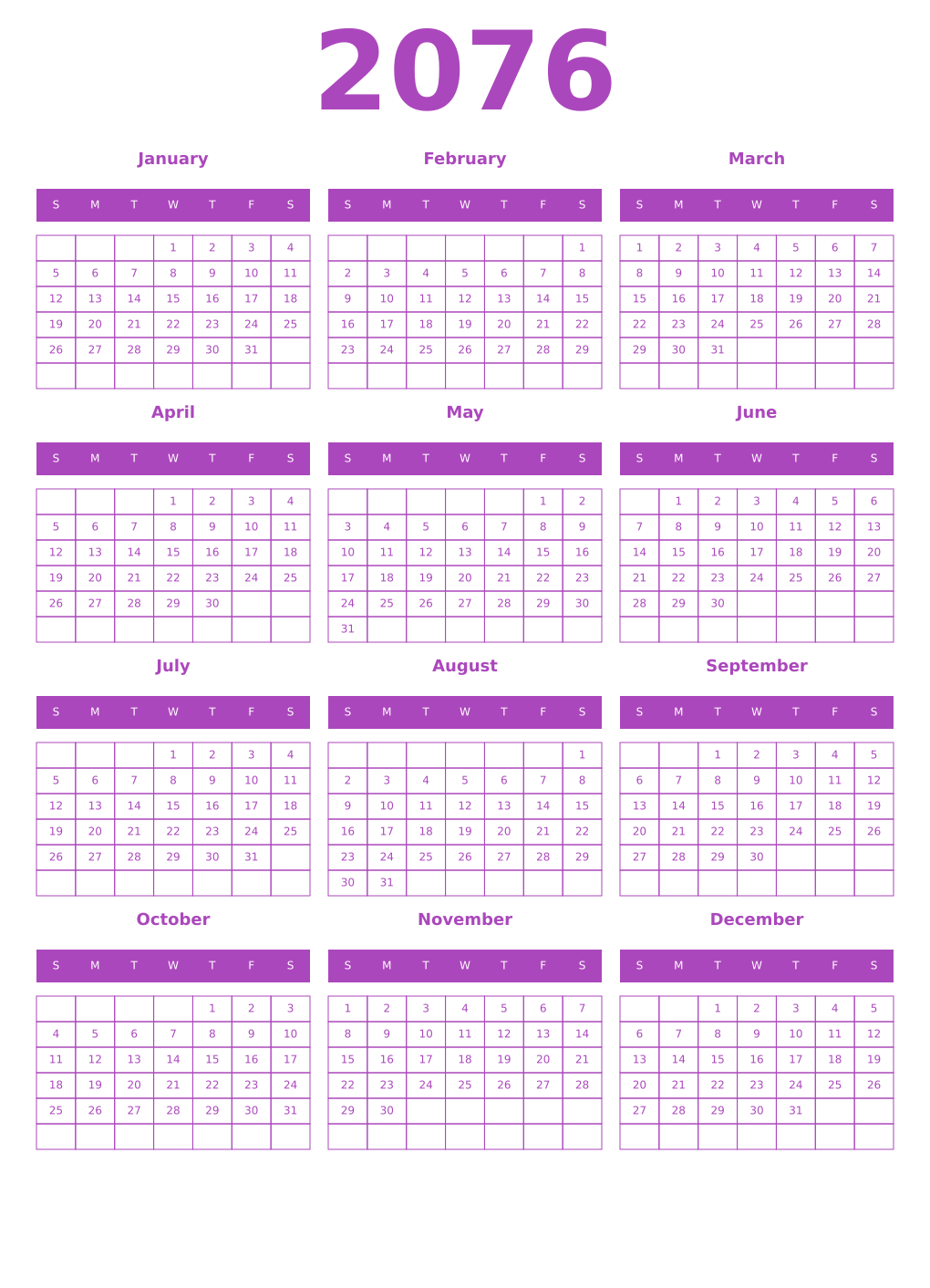 Printable 2076 Year Calendars purple