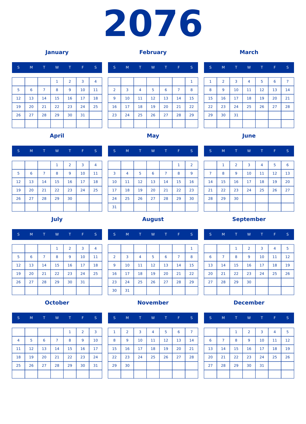 Printable 2076 Year Calendars smalt