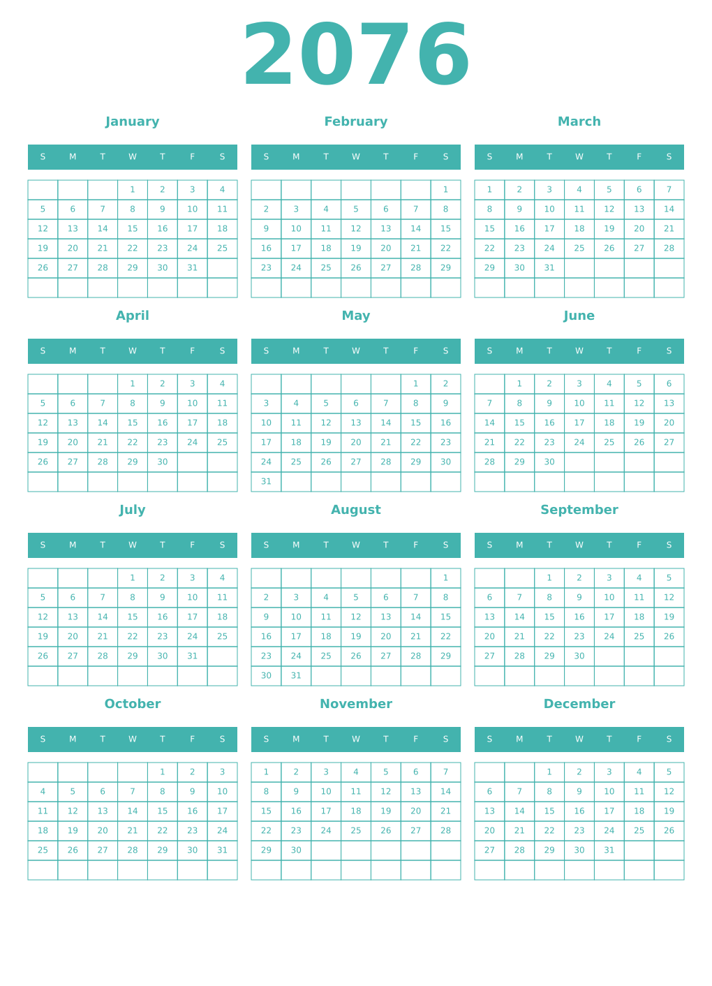 Printable 2076 Year Calendars verdigris