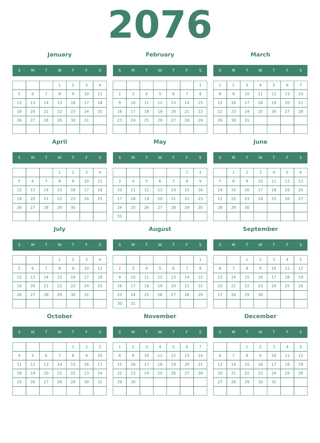 Printable 2076 Year Calendars viridian