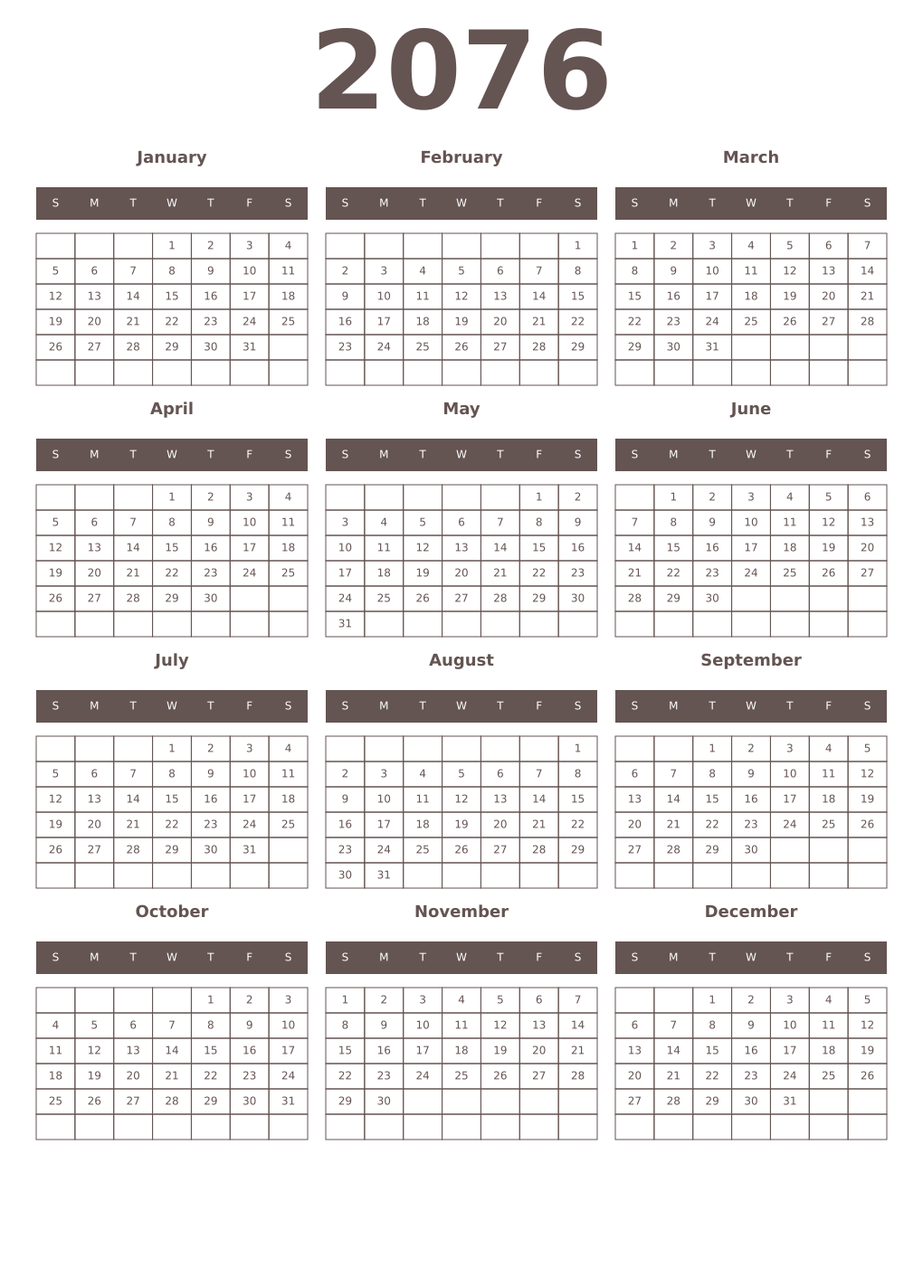 Printable 2076 Year Calendars wenge