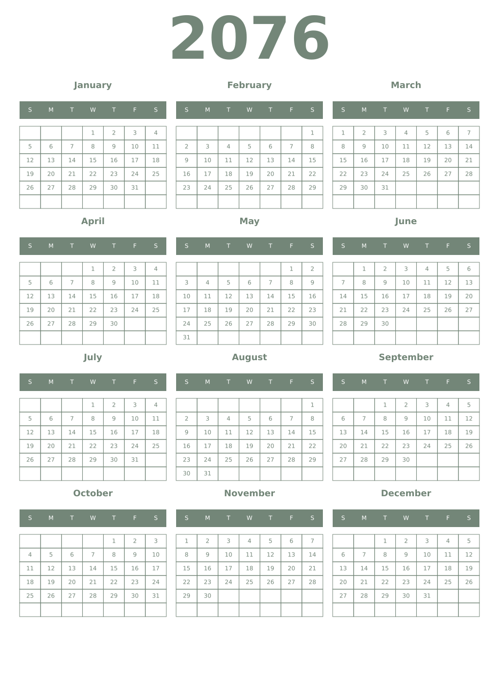 Printable 2076 Year Calendars xanadu