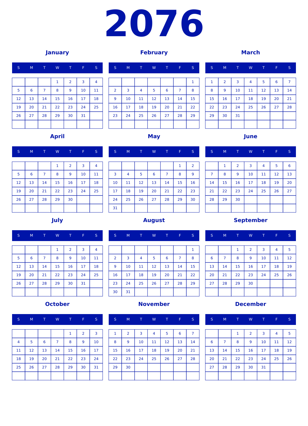 Printable 2076 Year Calendars zaffre