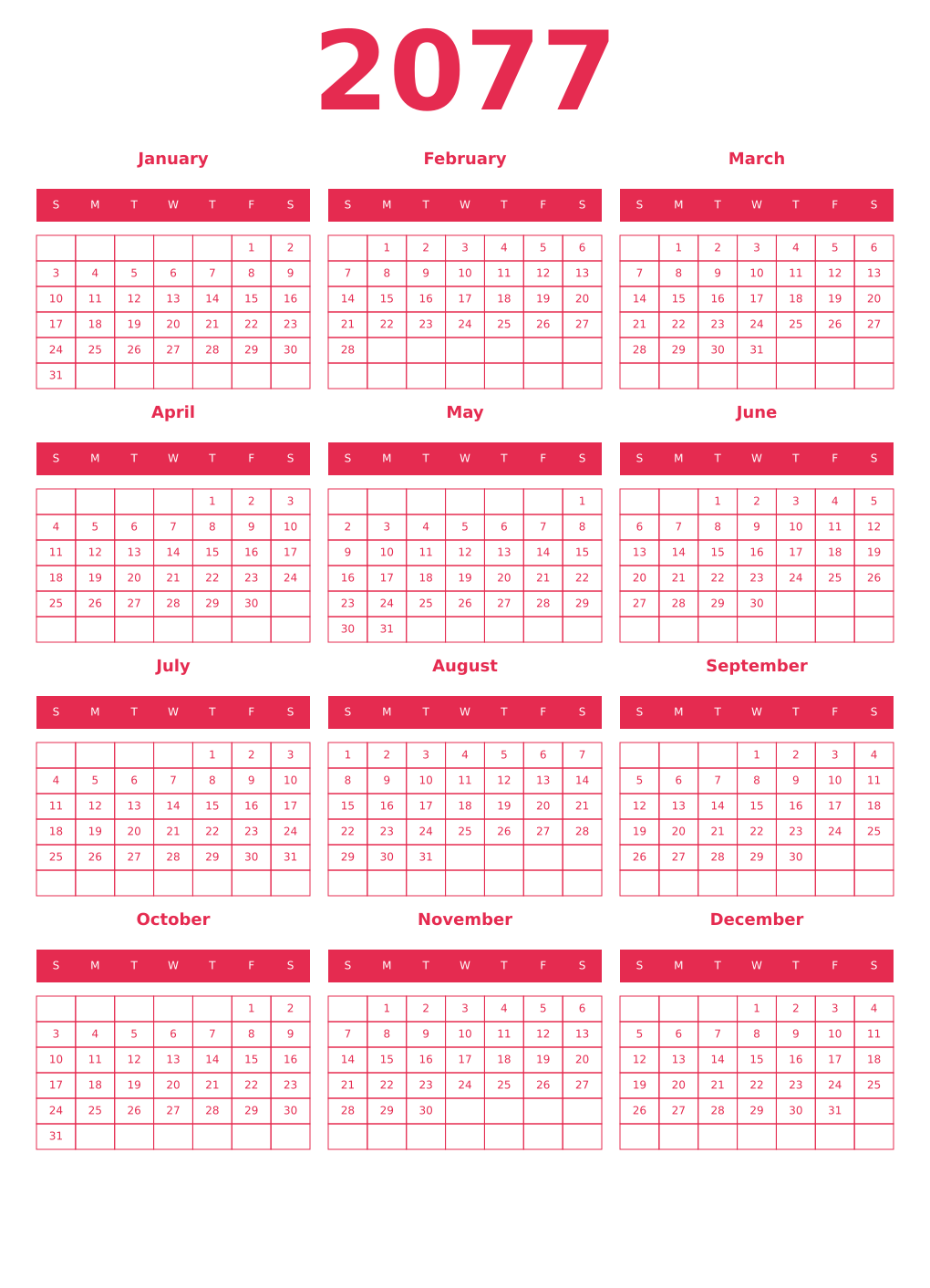 Printable 2077 Year Calendars amaranth