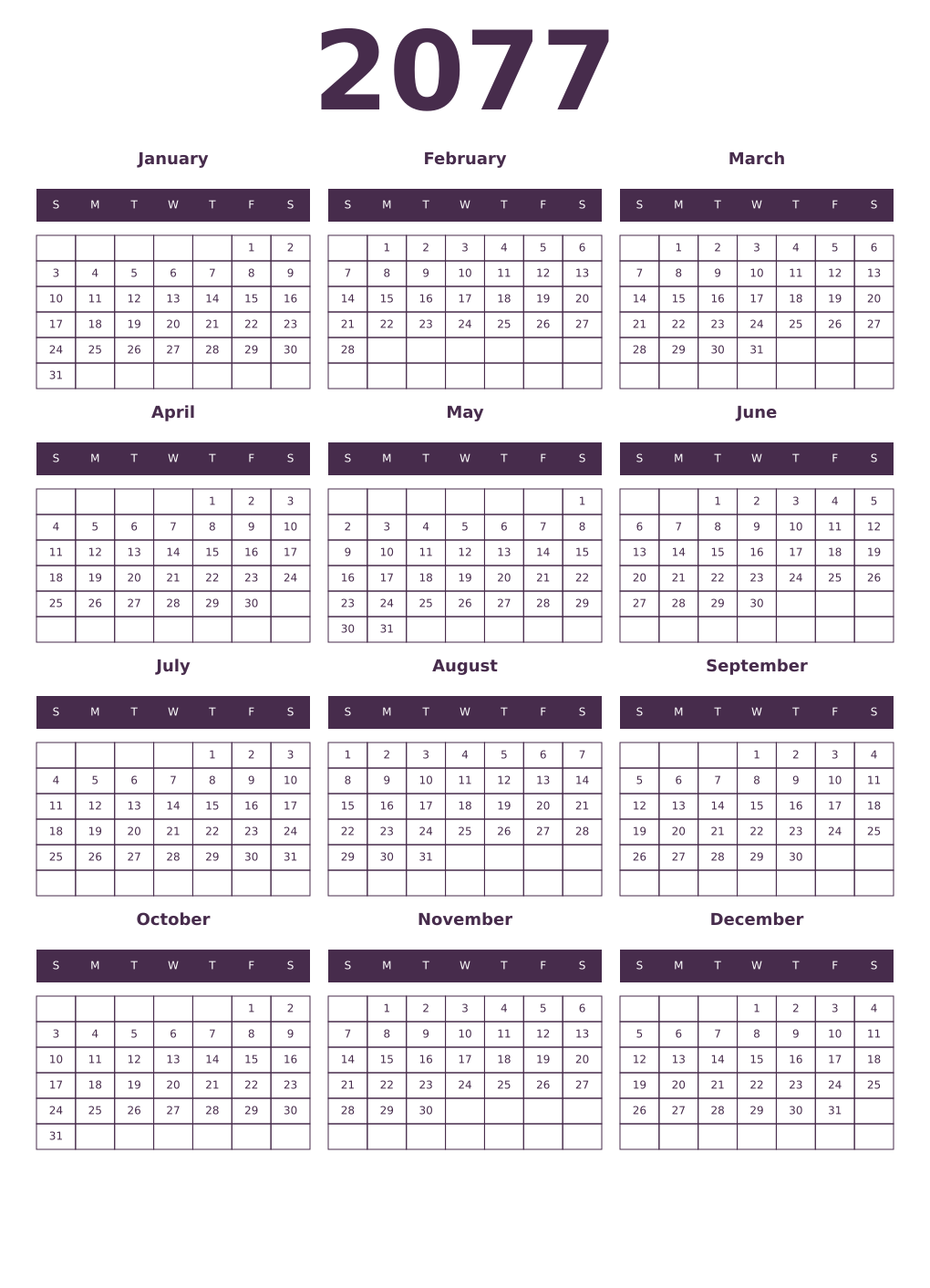 Printable 2077 Year Calendars aubergine