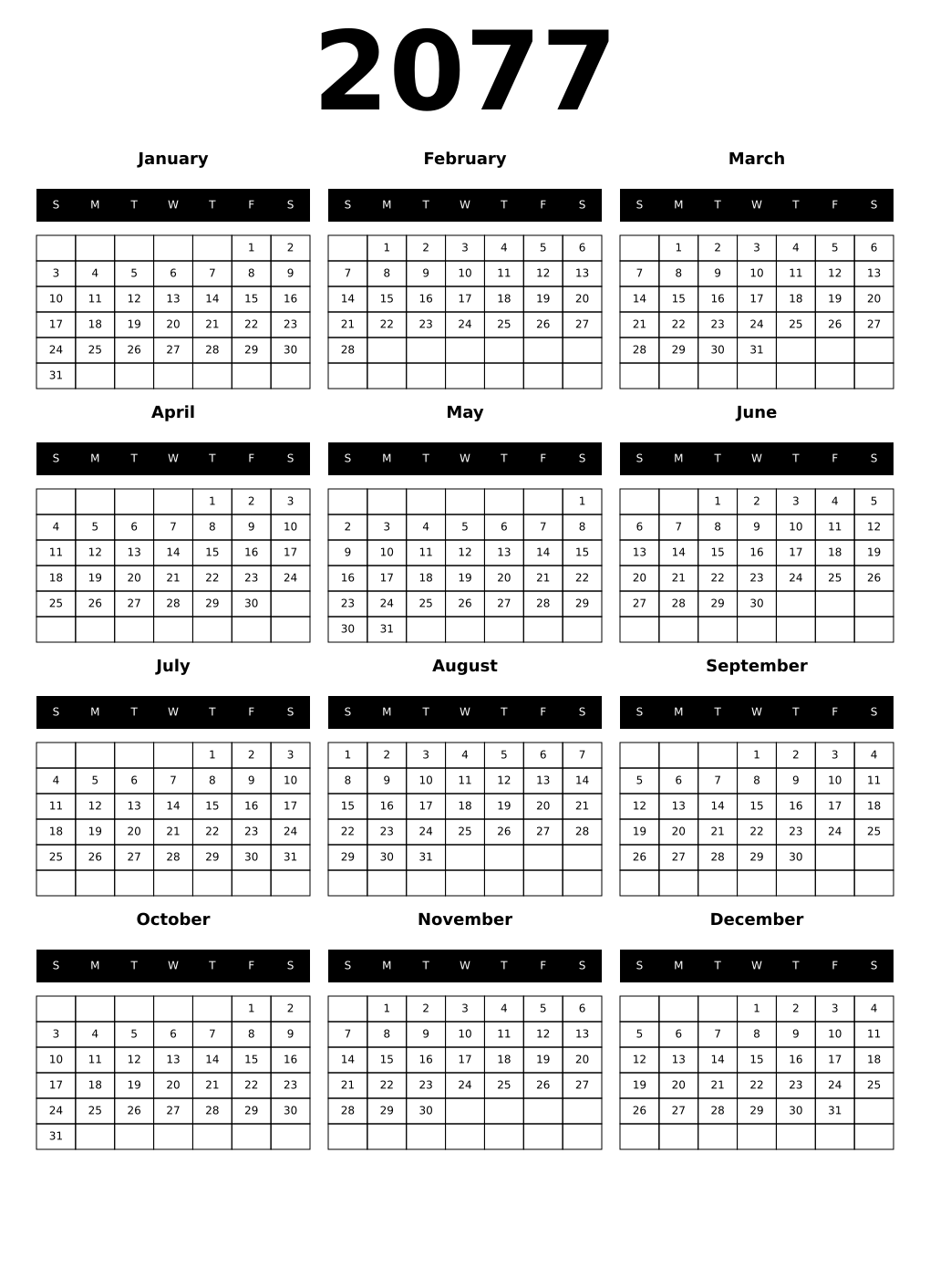 Printable 2077 Year Calendars black