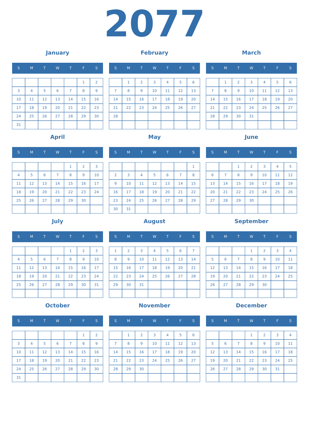 Printable 2077 Year Calendars blue