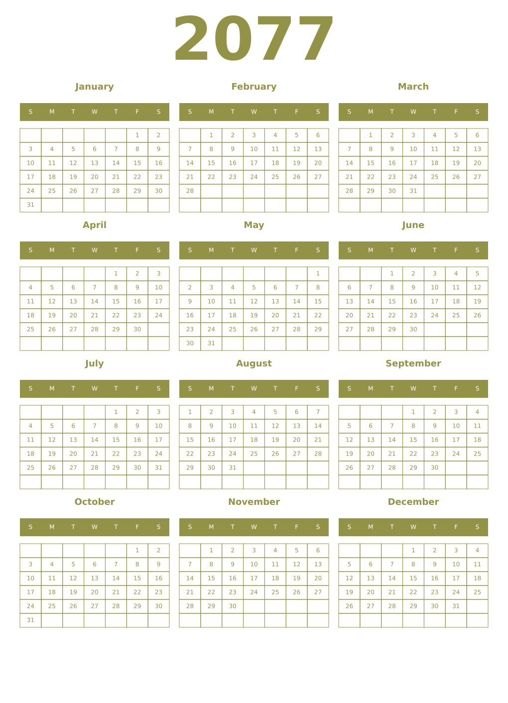 Printable 2077 Year Calendars eburnean