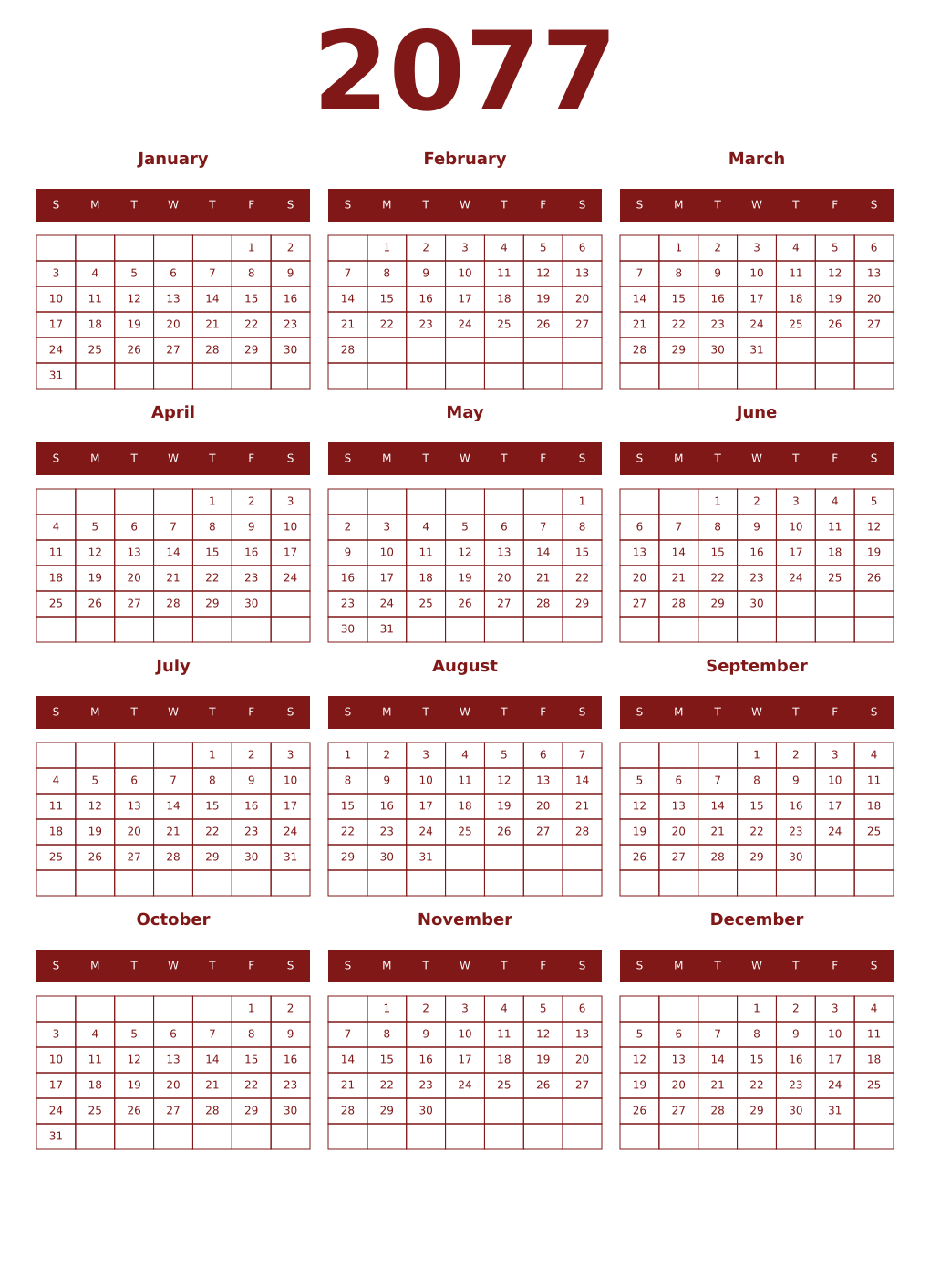 Printable 2077 Year Calendars falu