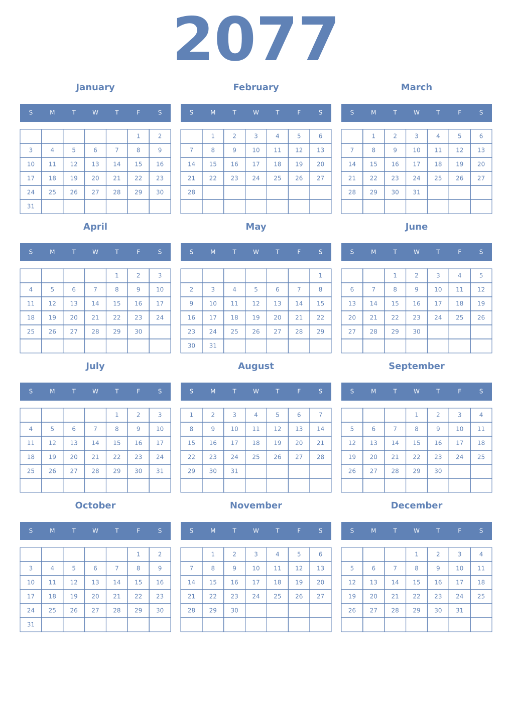 Printable 2077 Year Calendars glaucous