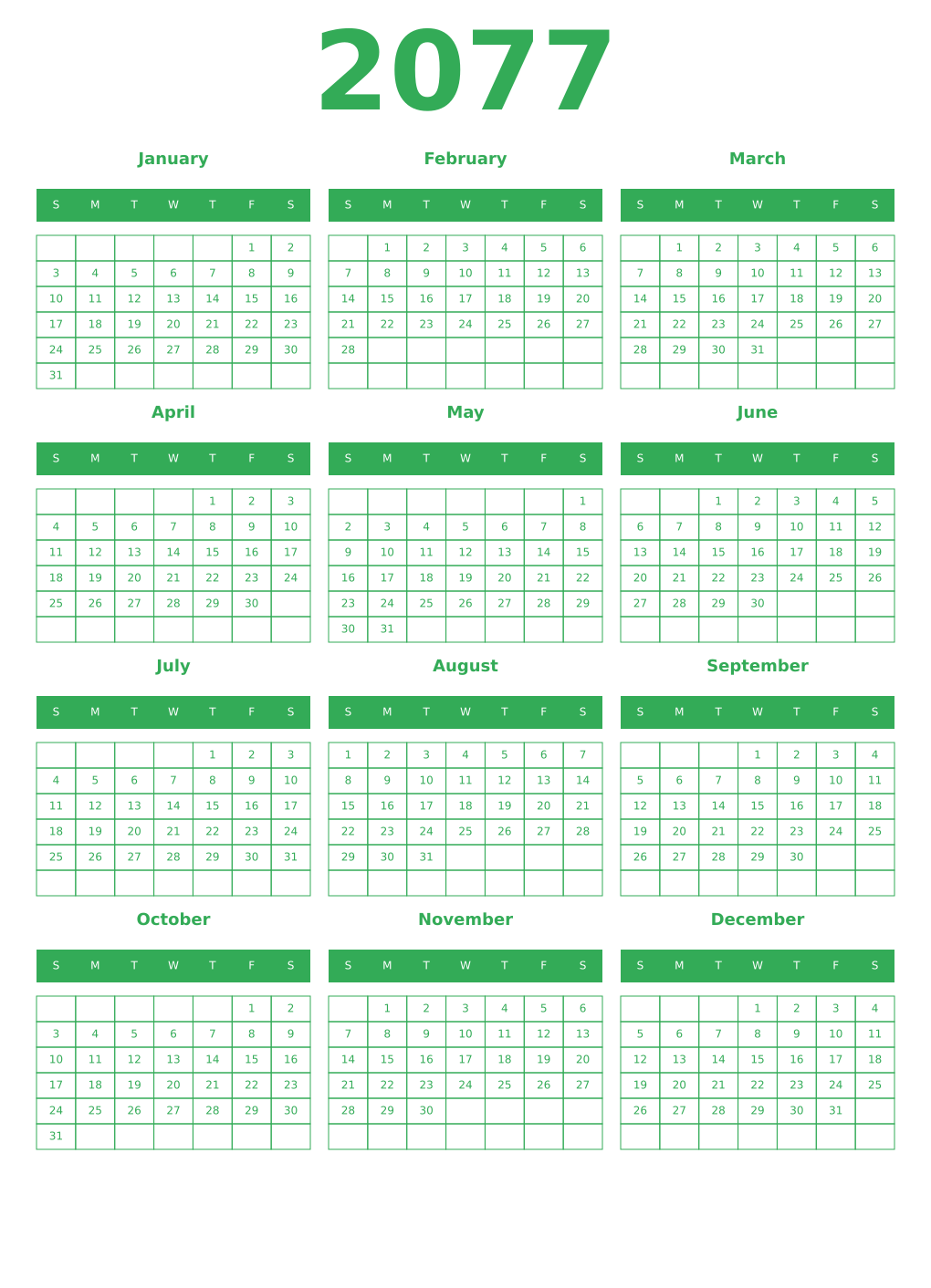 Printable 2077 Year Calendars green