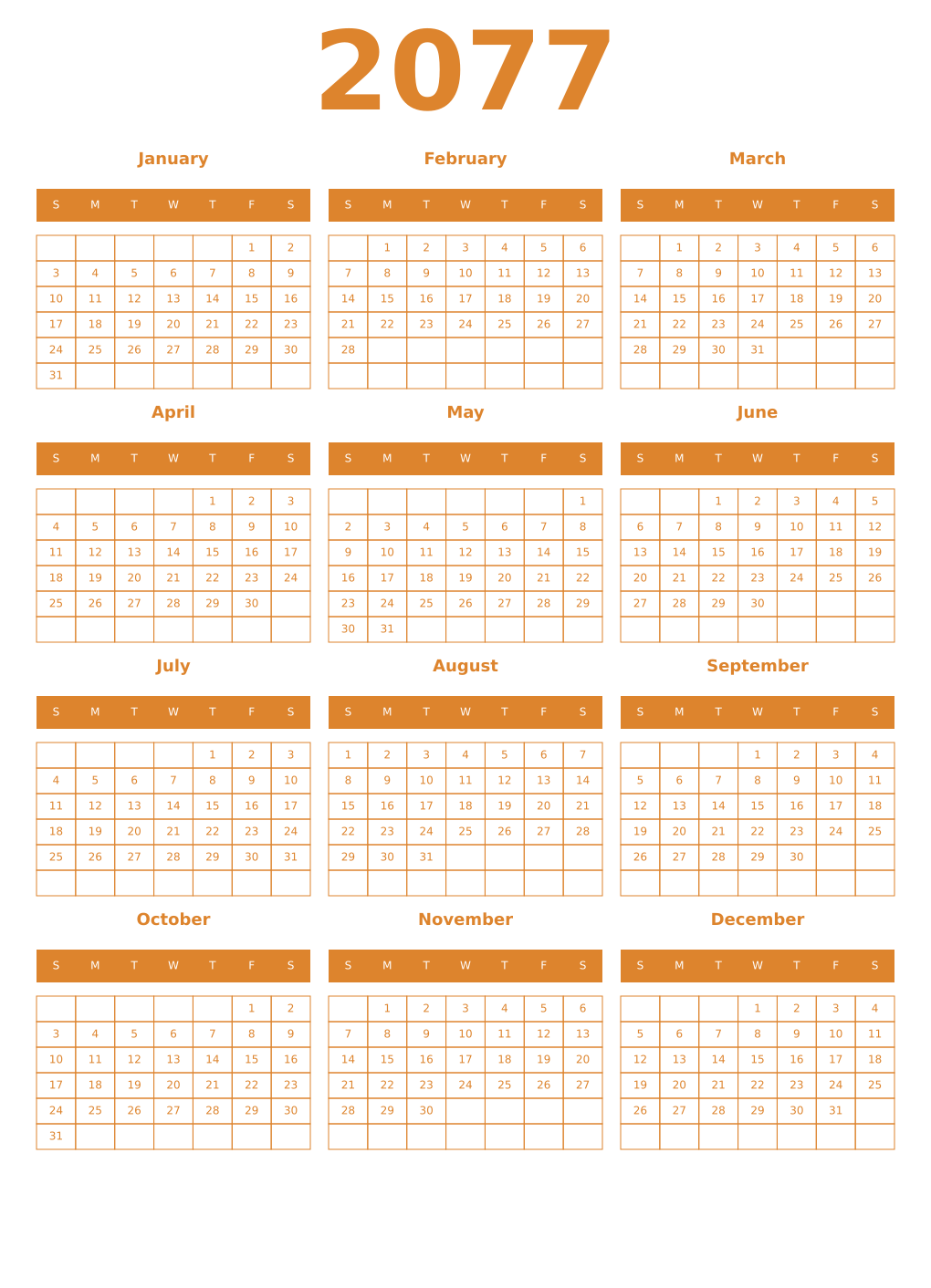 Printable 2077 Year Calendars orange