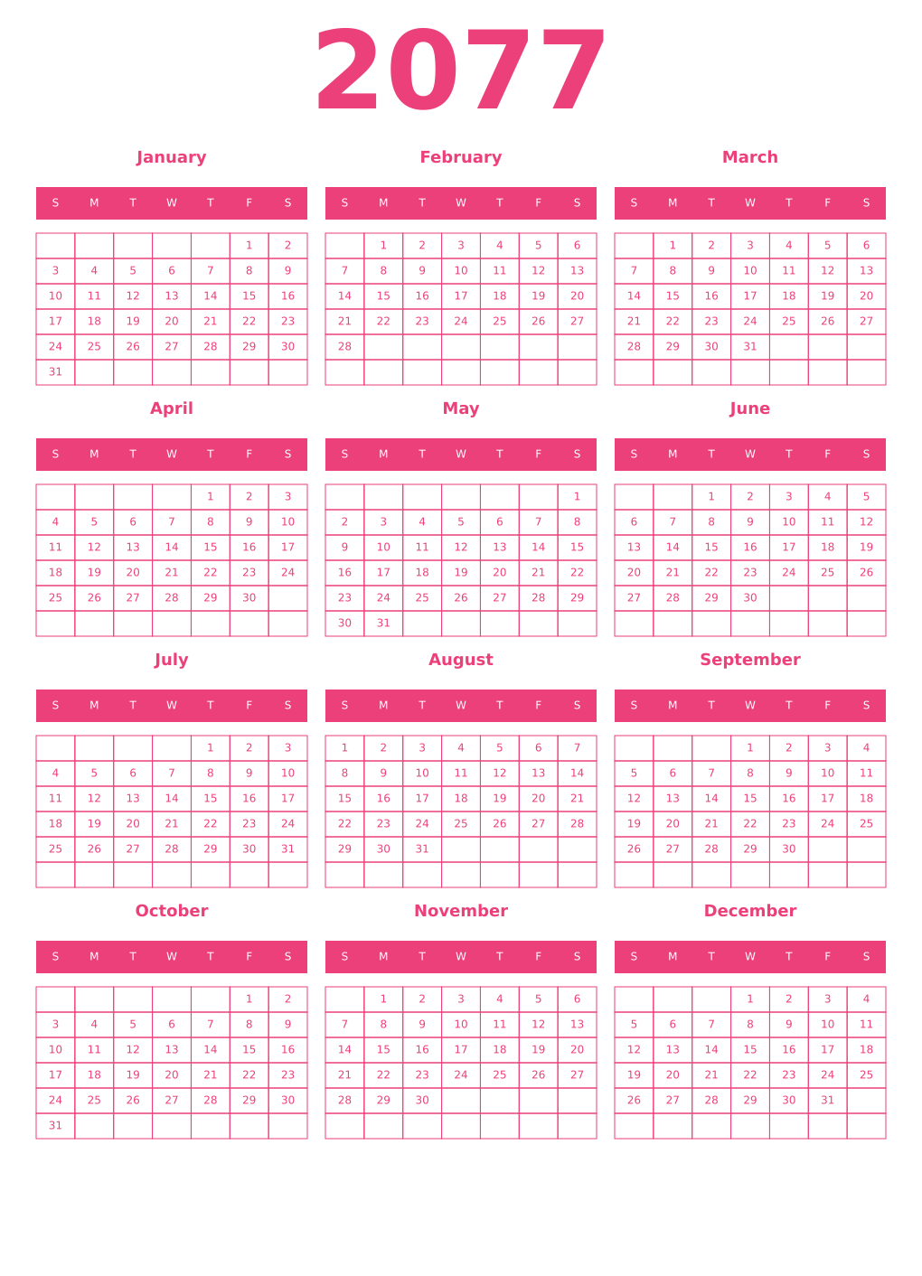 Printable 2077 Year Calendars pink