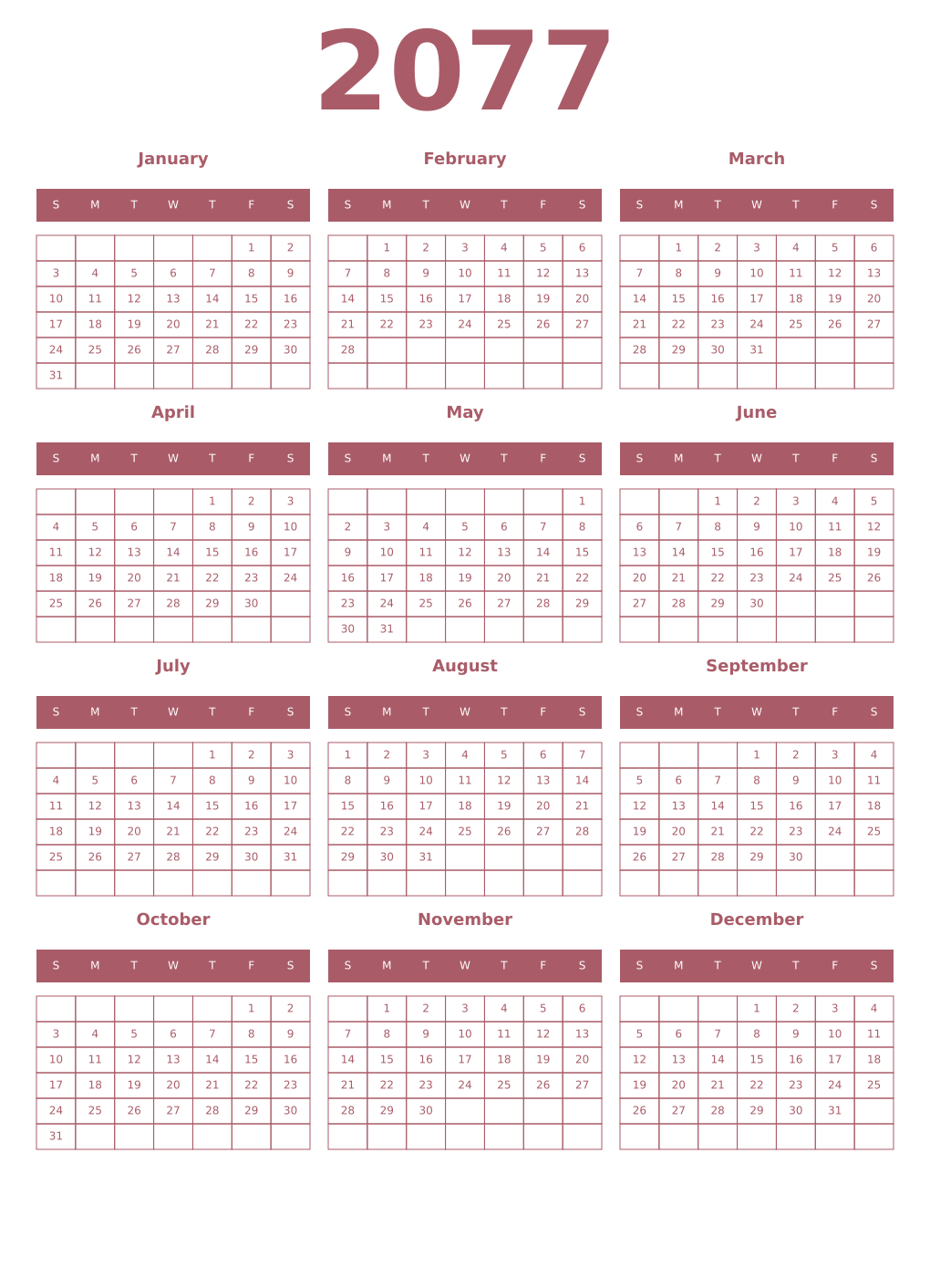 Printable 2077 Year Calendars puce