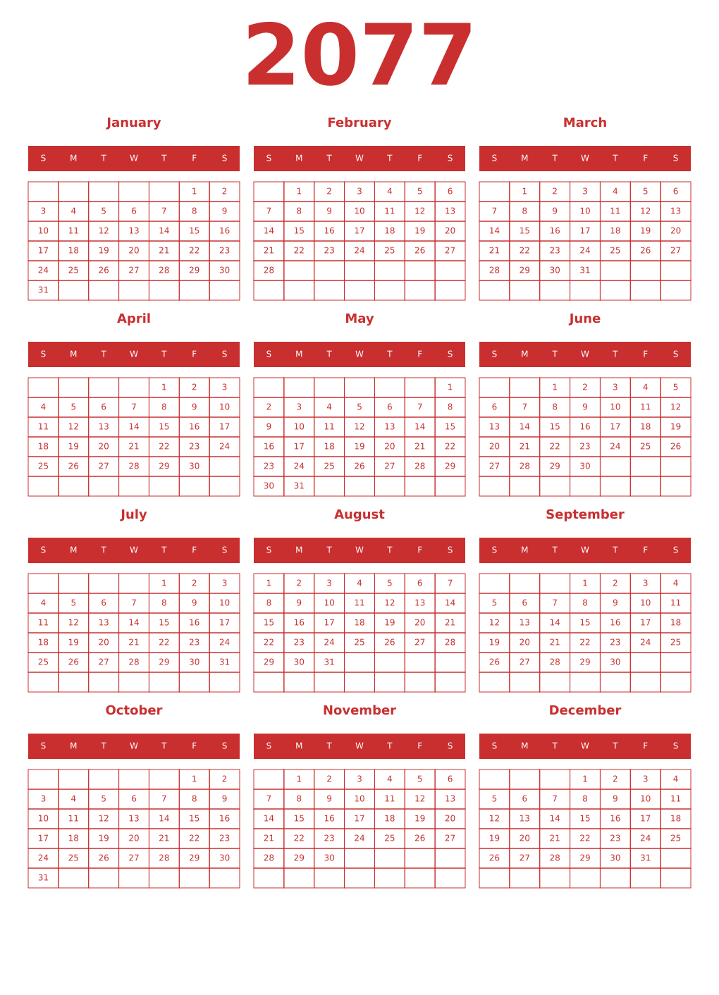 Printable 2077 Year Calendars red