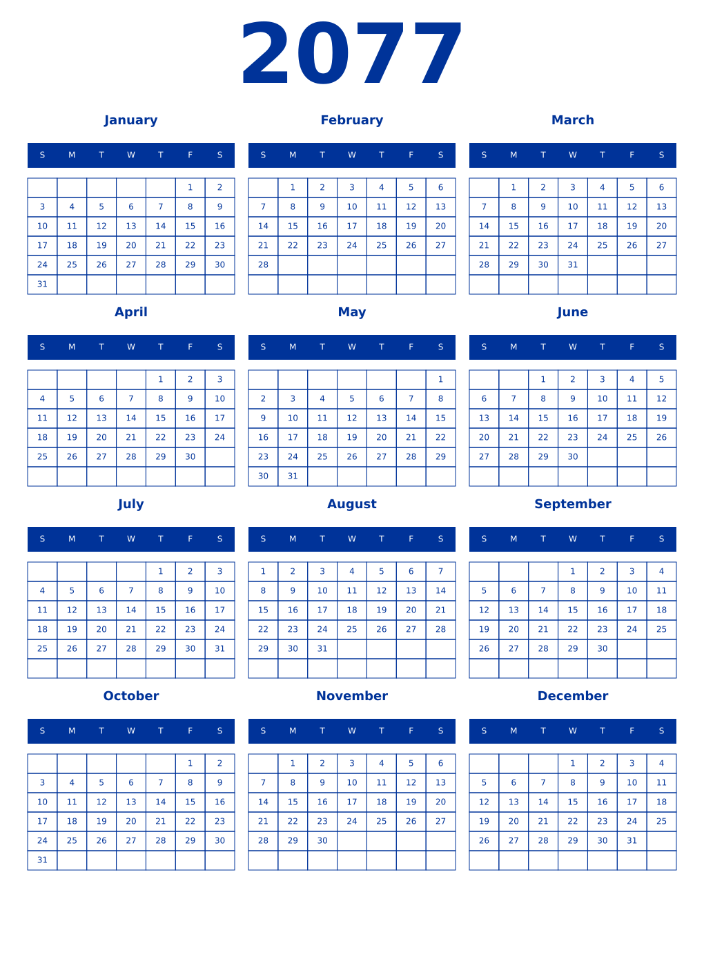 Printable 2077 Year Calendars smalt