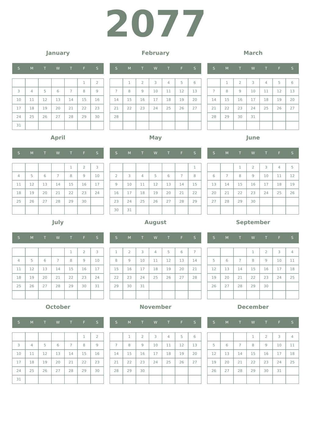 Printable 2077 Year Calendars xanadu
