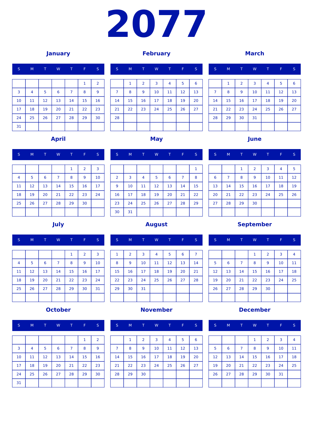 Printable 2077 Year Calendars zaffre